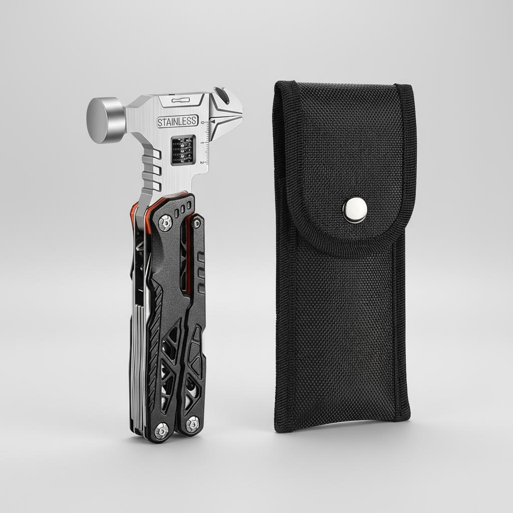 Multitool with hammer head and knife blade in a black sheath on a white background