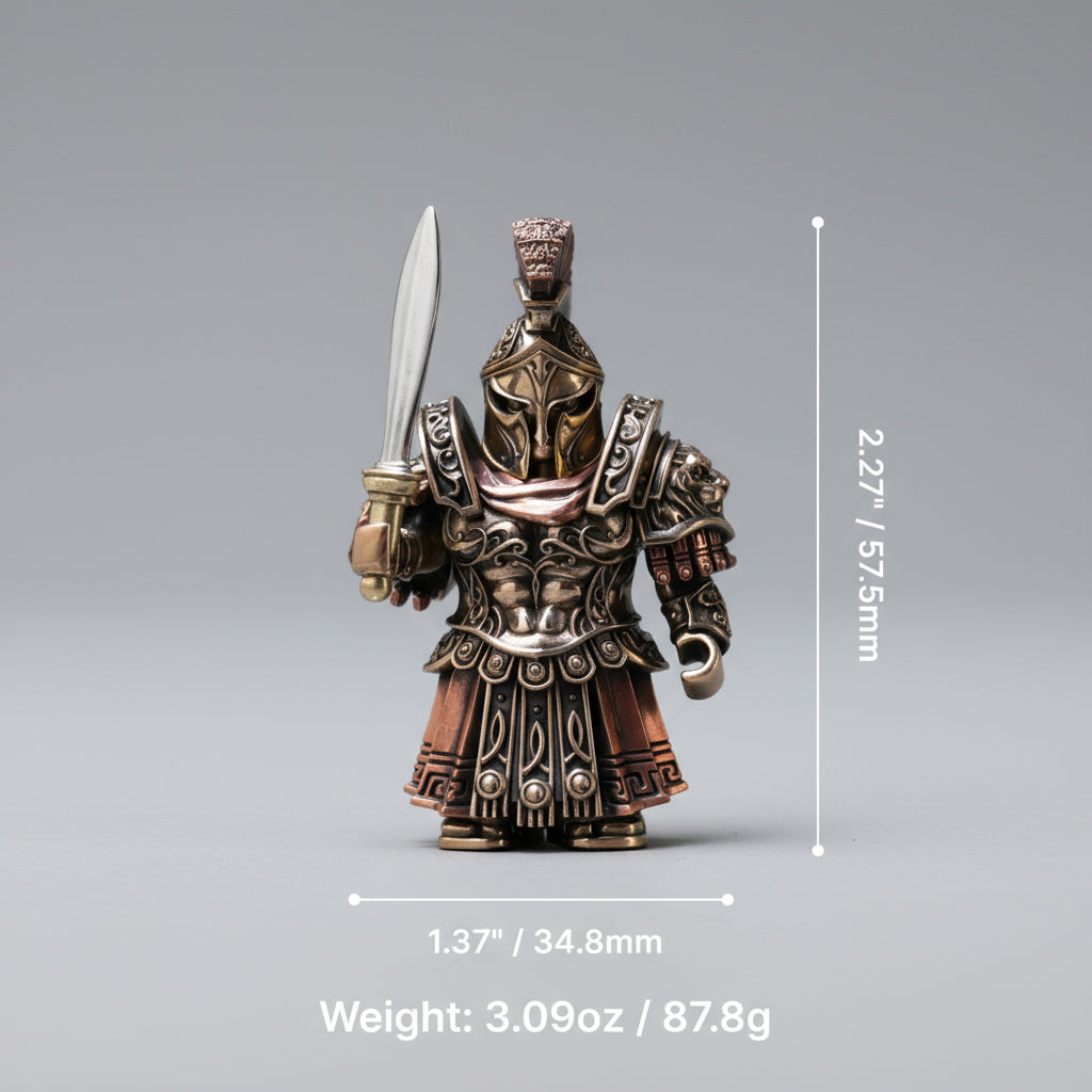 Decorative figurine of a warrior in armor with a sword, shown with measurements and weight on a black background.