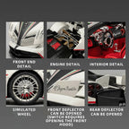 Collage of a car's front end, engine, interior, wheel, front deflector, and rear deflector with text descriptions on a gray background.