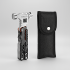 Multitool with hammer head and knife blade in a black sheath on a white background
