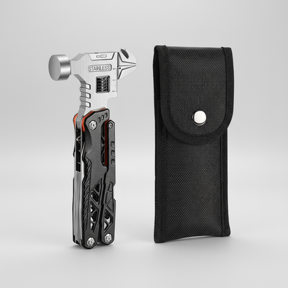 Multitool with hammer head and knife blade in a black sheath on a white background