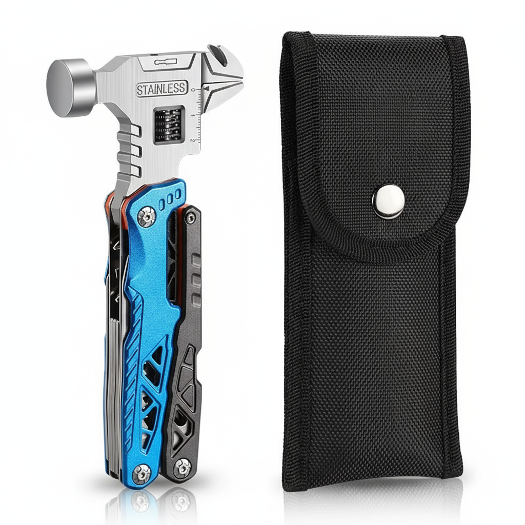 Multitool with blue handle and silver head next to a black pouch on a white background
