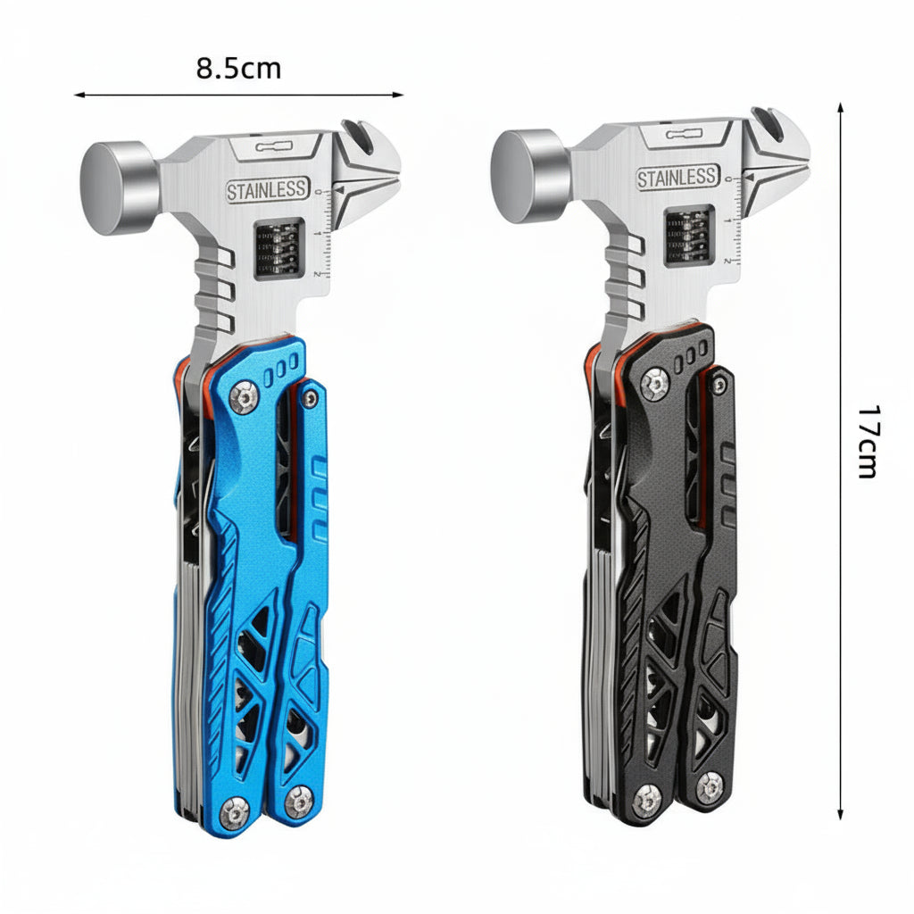 Multi-function wrench hammer pliers with product parameters and structural analysis on a white background.