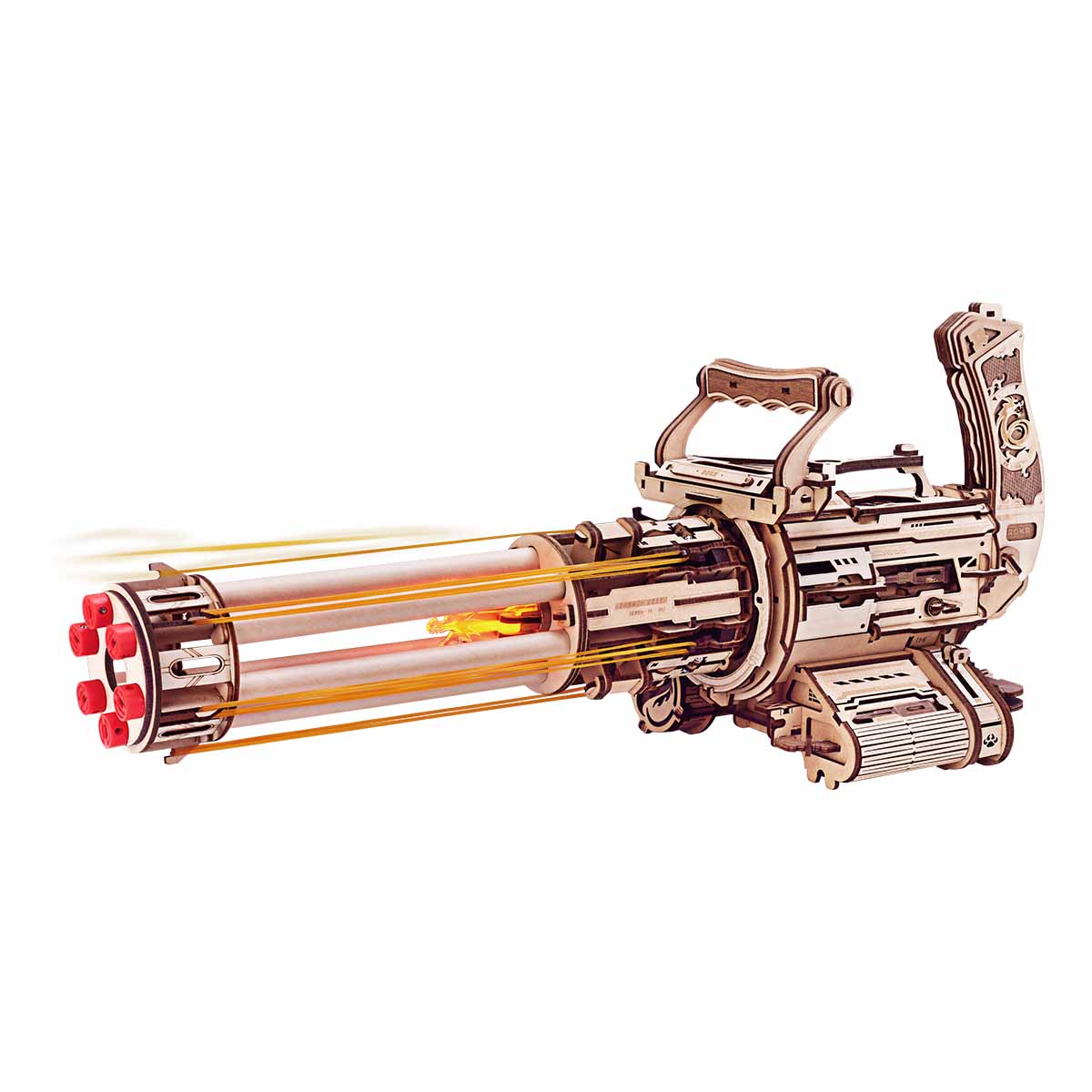 Rotating barrel wooden puzzle gun kit 3D assembly model with 6-barrel firing mechanism by DIY Puuzzle