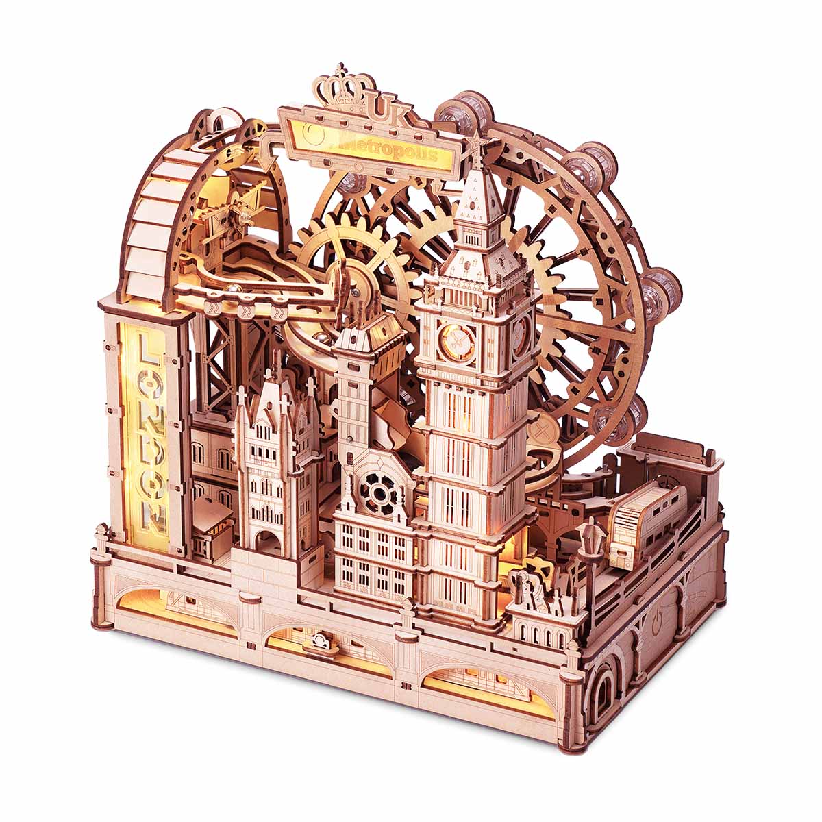 London themed wooden 3D puzzle marble run with mechanical components and landmark features