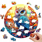 Colorful wooden jigsaw puzzle featuring artistic animal design with intricate patterns and vibrant details
