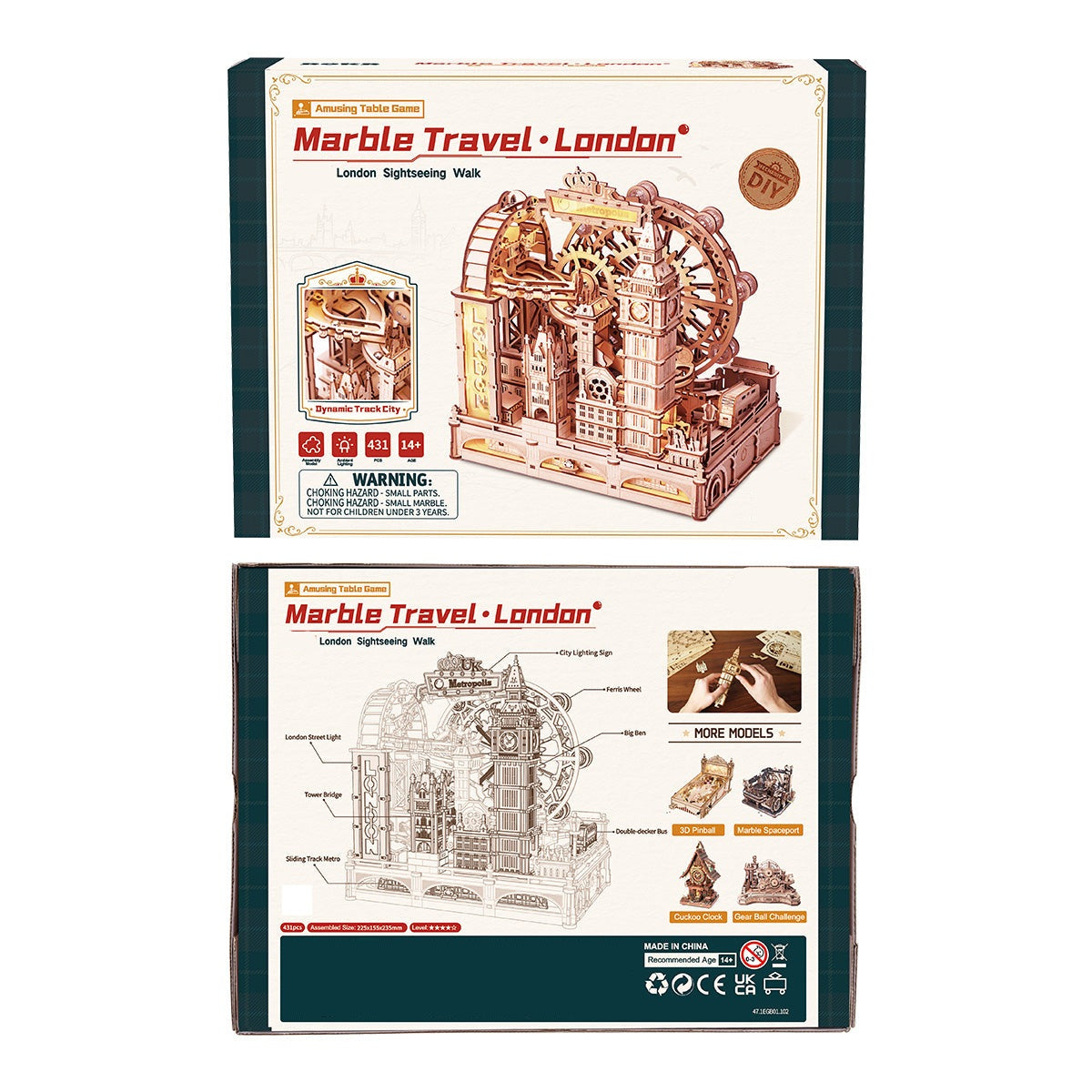 London themed wooden 3D puzzle marble run with mechanical components and landmark features