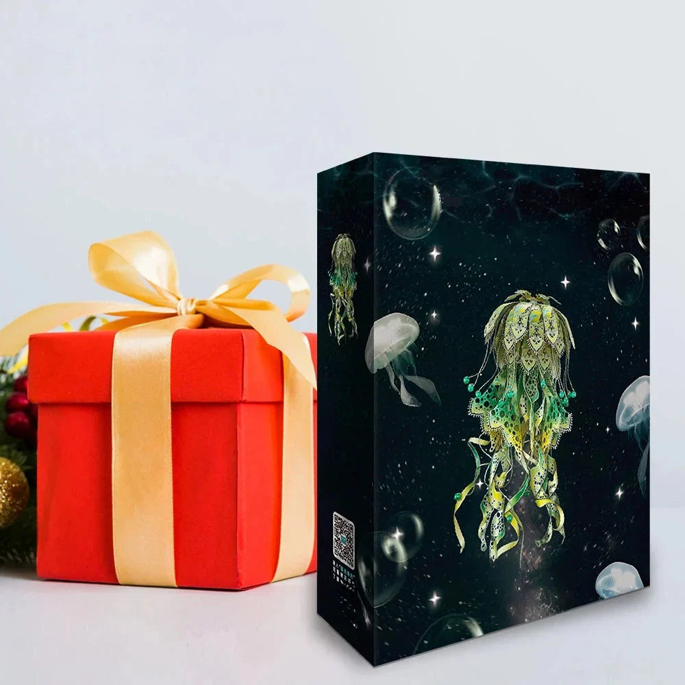 Red gift box with a gold ribbon next to a decorative box with jellyfish design on a light gray background