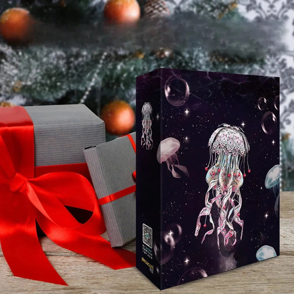 Jeweled jellyfish box with Christmas presents and decorations in the background