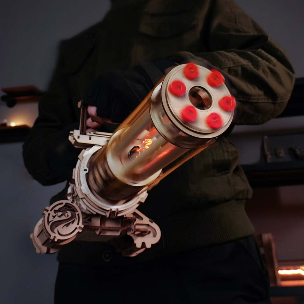 Rotating barrel wooden puzzle gun kit 3D assembly model with 6-barrel firing mechanism by DIY Puuzzle