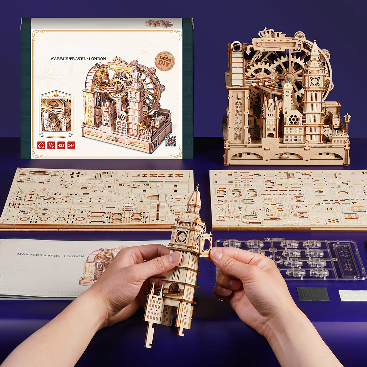 London themed wooden 3D puzzle marble run with mechanical components and landmark features