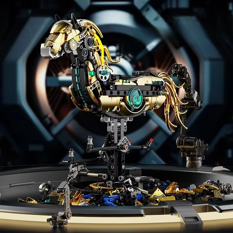 DIY Puuzzle mechanical horse building kit 1055 pieces golden armor poseable limbs DIY STEM toy