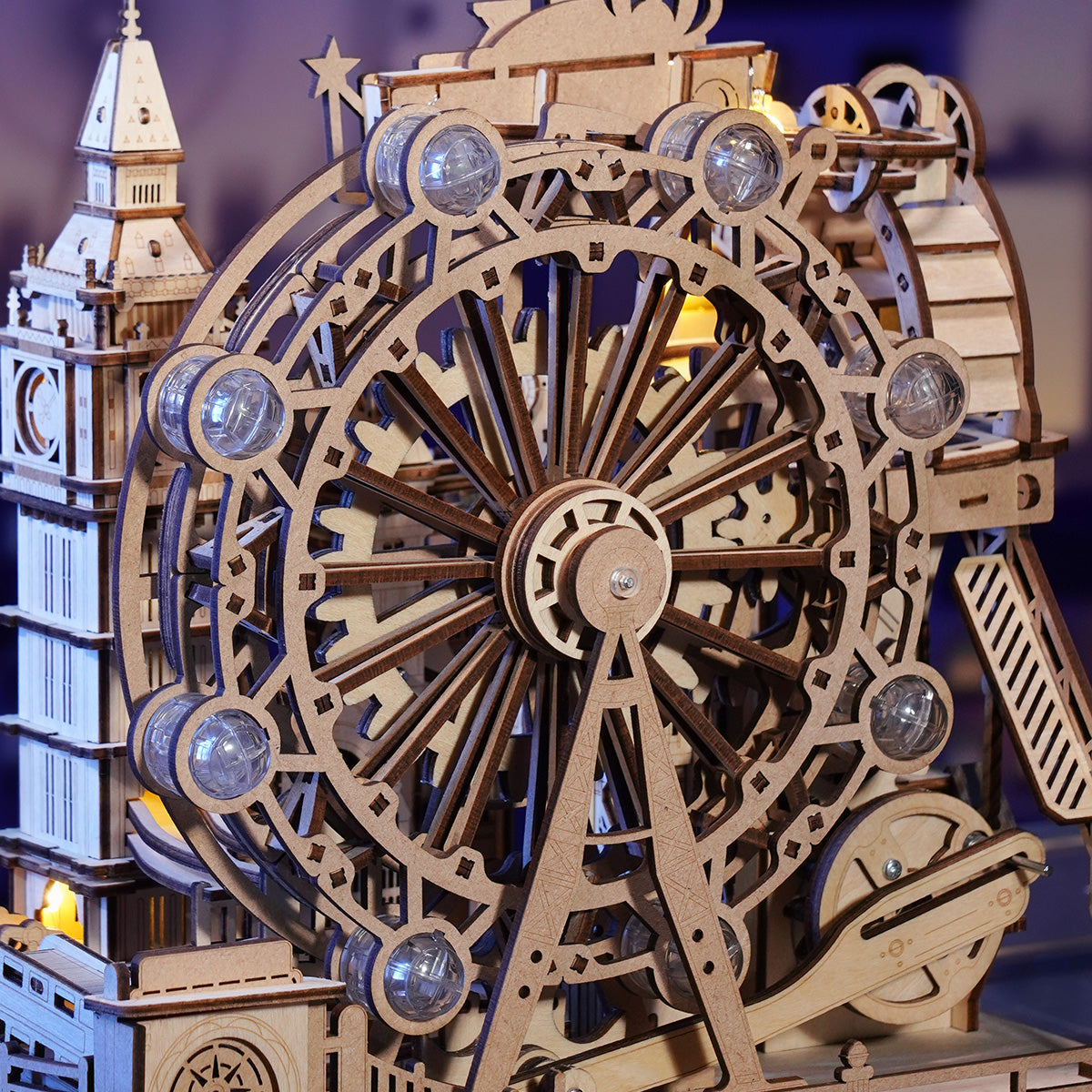 London themed wooden 3D puzzle marble run with mechanical components and landmark features