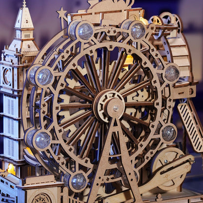 London themed wooden 3D puzzle marble run with mechanical components and landmark features