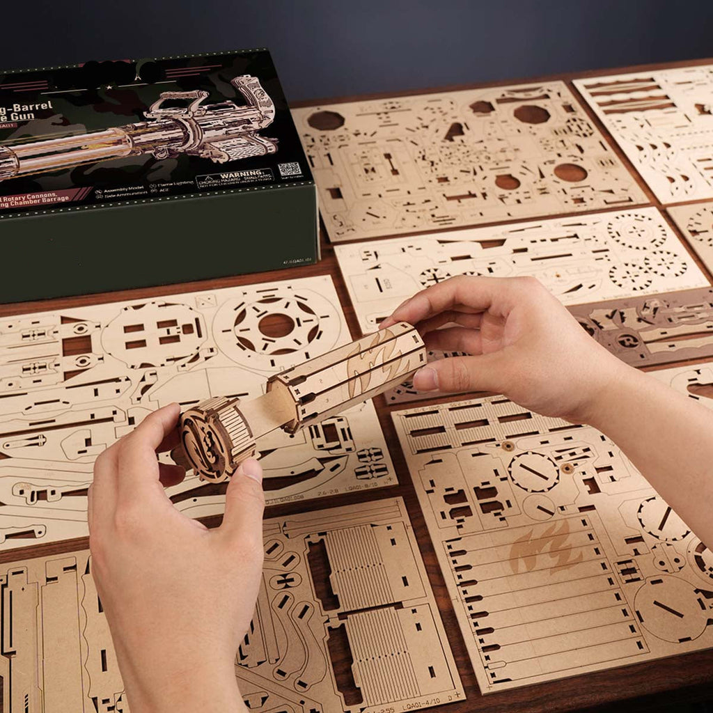 Rotating barrel wooden puzzle gun kit 3D assembly model with 6-barrel firing mechanism by DIY Puuzzle