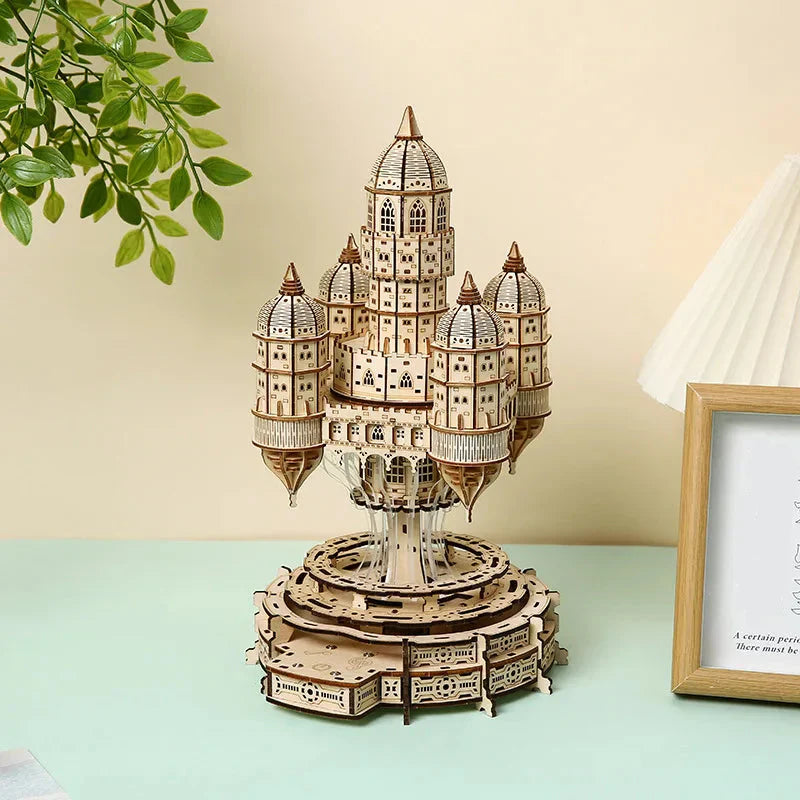 Celestia Castle 3D wooden puzzle with LED lights and rotating motor - premium educational building toy for teens and adults