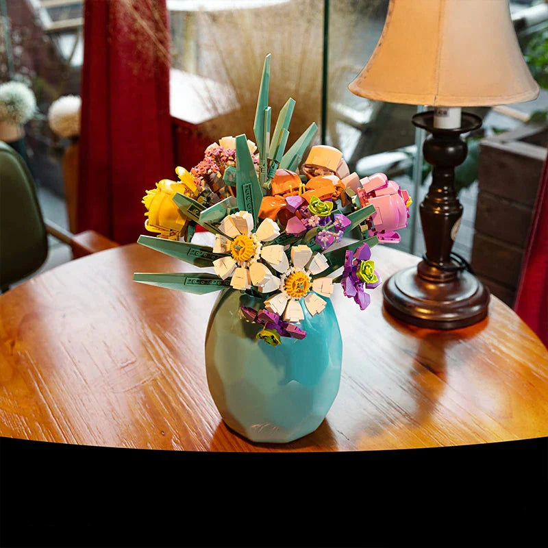 DIY flower building blocks set with colorful pieces and assembled bouquet display for creative construction and home decoration