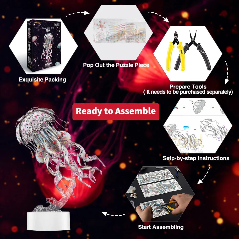 Step-by-step guide for assembling a 3D jellyfish puzzle with packaging, tools, and instructions.