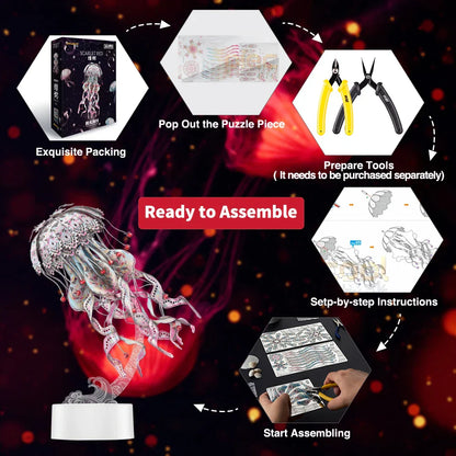 Step-by-step guide for assembling a 3D jellyfish puzzle with packaging, tools, and instructions.