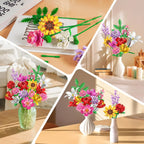 Collage of colorful flower arrangements made from building blocks on a wooden surface.
