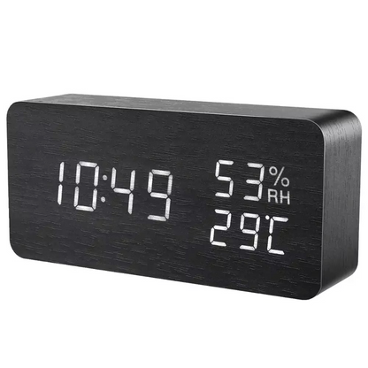 LED Digital Alarm Clock - Voice - Controlled Wooden Desktop Clock, USB/AAA Powered - Stylish Wood Watch Table Design