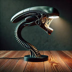 Alien lamp with glowing mouth on a wooden surface - Unique alien creature resin lamp stand for modern home decor