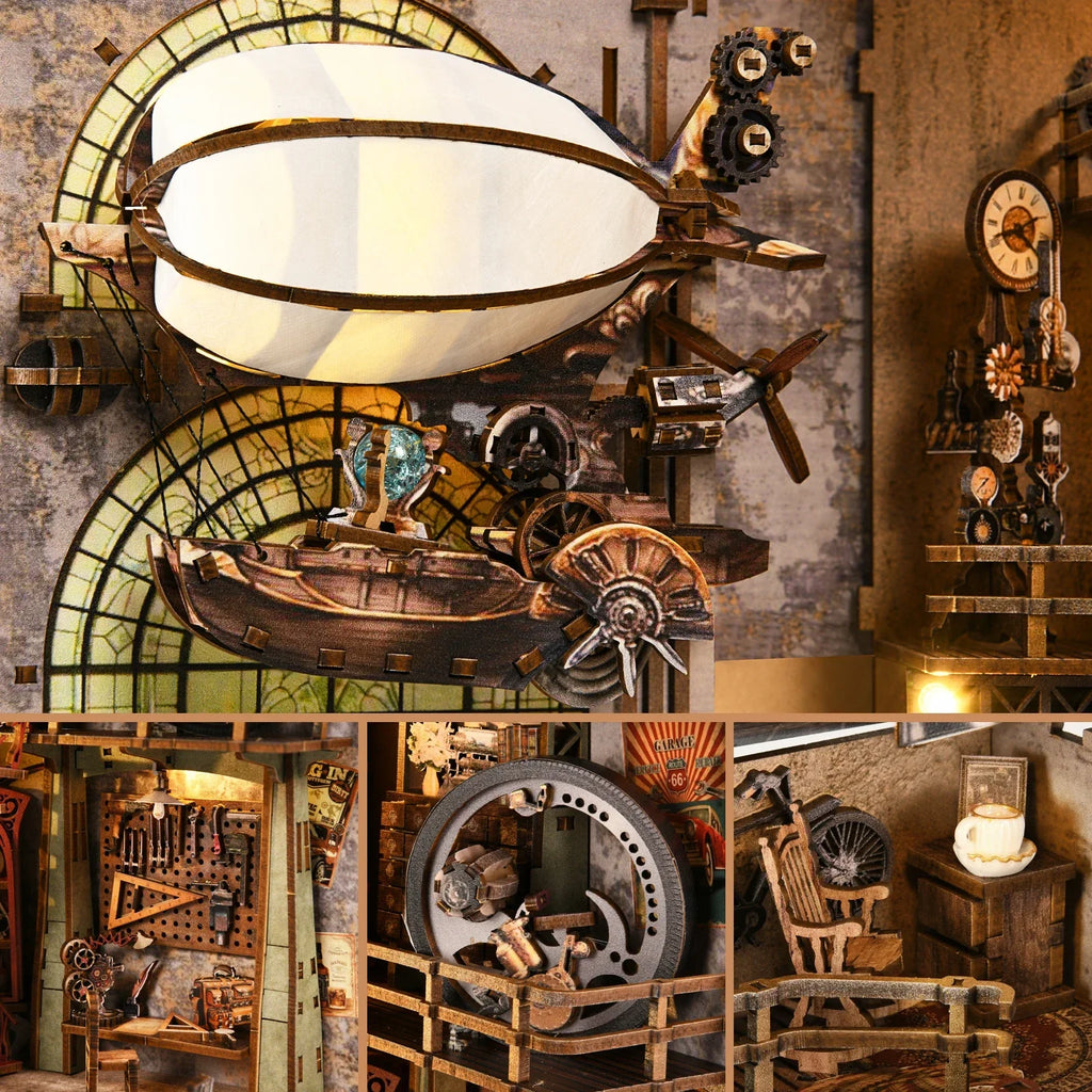Steampunk-themed room with airship model, clock, and mechanical elements.