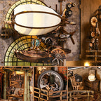 Steampunk-themed room with airship model, clock, and mechanical elements.