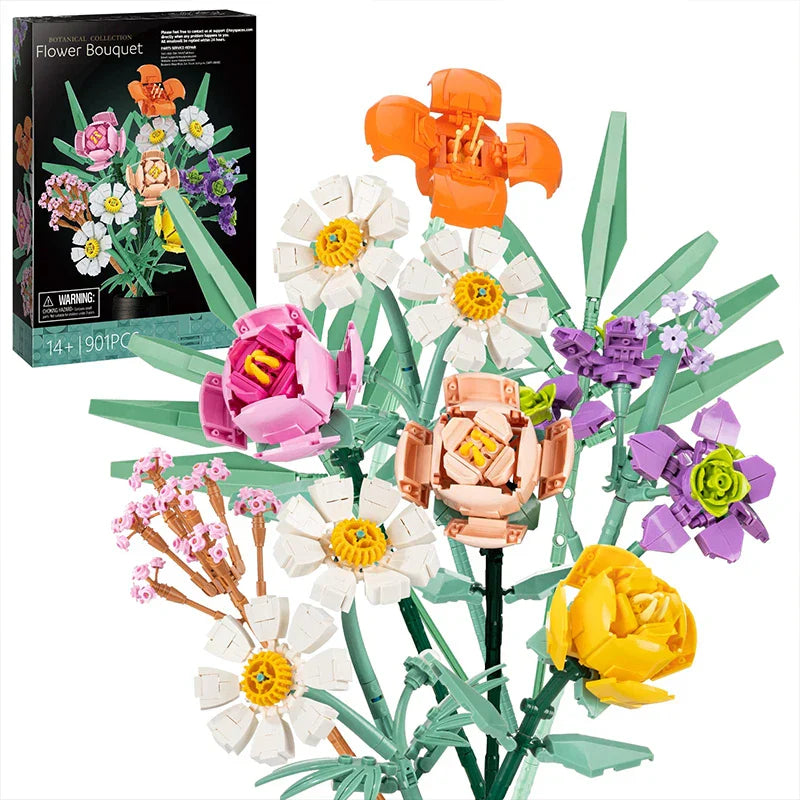 DIY flower building blocks set with colorful pieces and assembled bouquet display for creative construction and home decoration