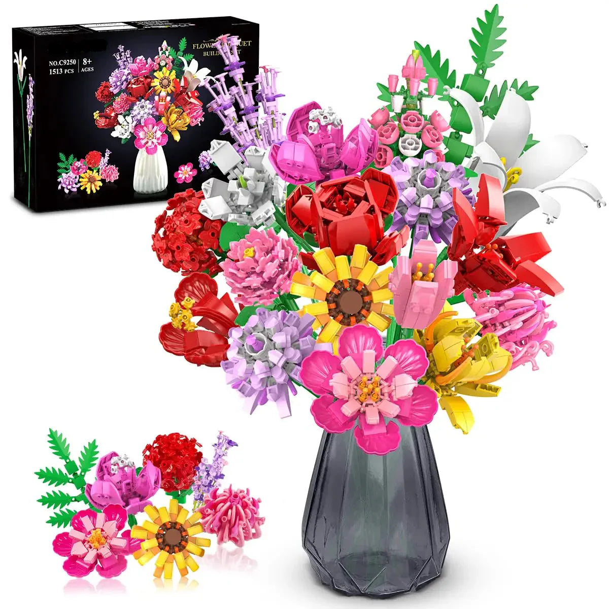 Colorful flower building blocks set with a vase on a white background - Flower building block set with colorful blooms and premium construction for home decoration