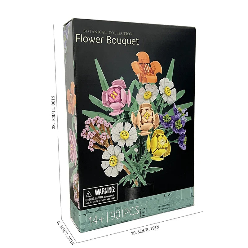 Box of a flower bouquet set with colorful flowers and greenery on a black background. DIY flower building blocks set with colorful pieces and assembled bouquet display for creative construction and home decoration