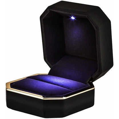 Black jewelry box with purple interior and LED light LED ring box with automatic light for engagement proposals and wedding jewelry display