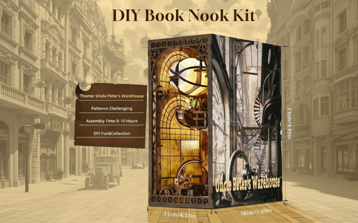 DIY Book Nook Kit packaging with architectural design and text on a beige background