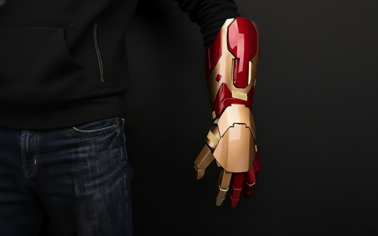 Person wearing a red and gold Iron Man glove against a dark background