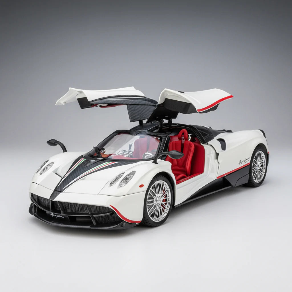 1:18 Pagani Huayra diecast model car in alloy with open scissor doors and a red leather interior for collectors, White