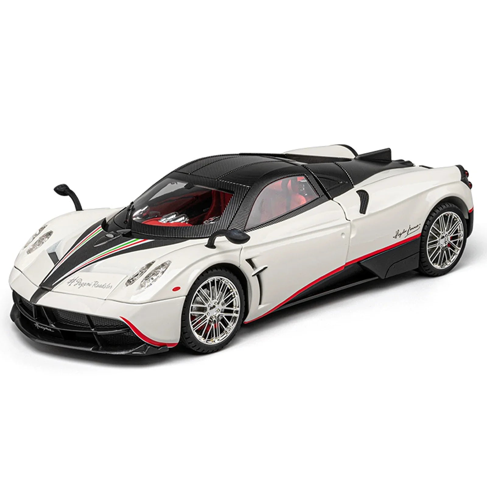 Alloy Pagani Huayra hypercar model at 1:18 scale with carbon fiber roof and tricolore stripe for supercar fans, White