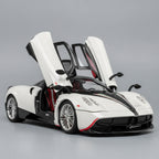 Diecast Pagani Huayra with an open hood, V12 engine bay and lifting doors, a 1:18 alloy hypercar for collectors, White