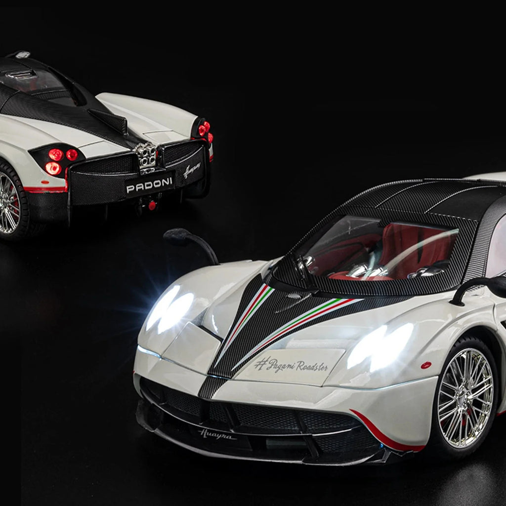 1:18 Pagani Huayra model car with working LED headlights and engine sound, an interactive diecast for collectors, White