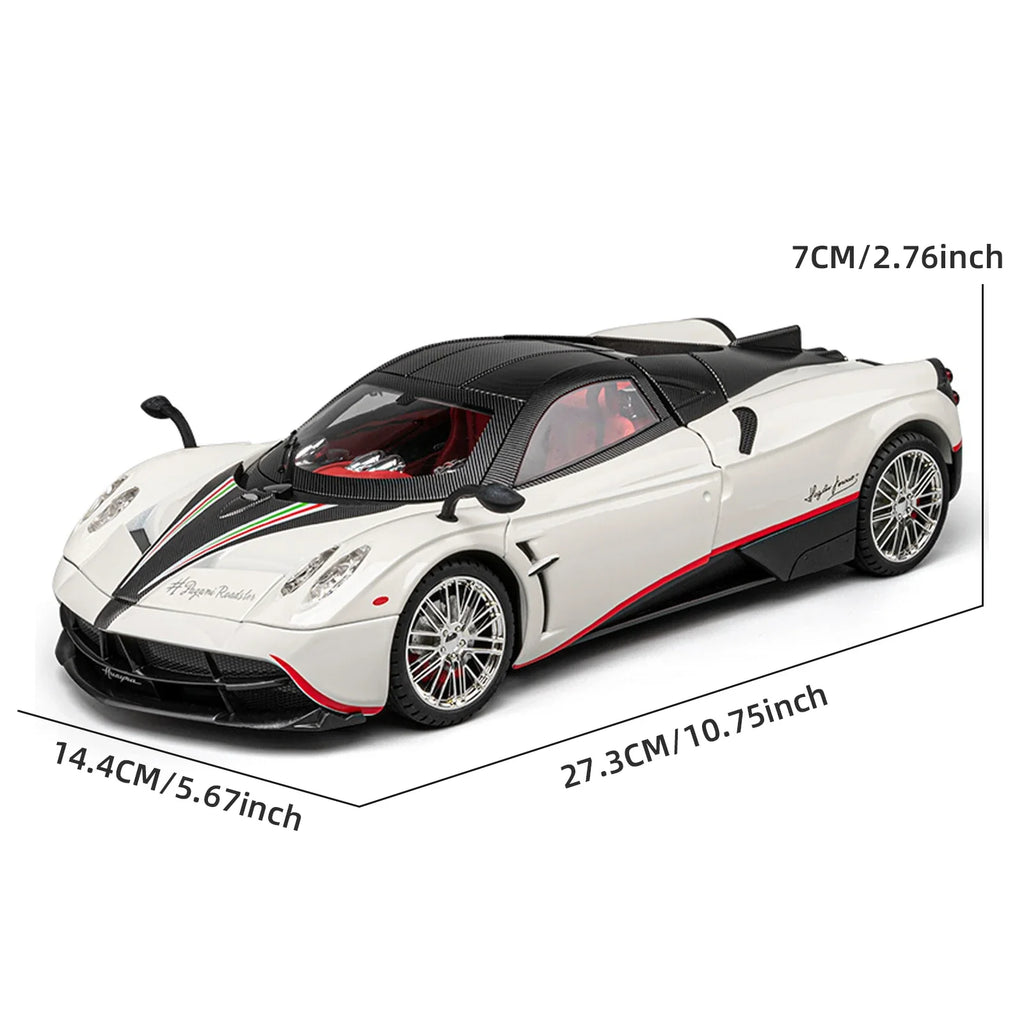 1:18 scale Pagani Huayra diecast model car about 27 cm long, an alloy hypercar for shelf and desk display, White