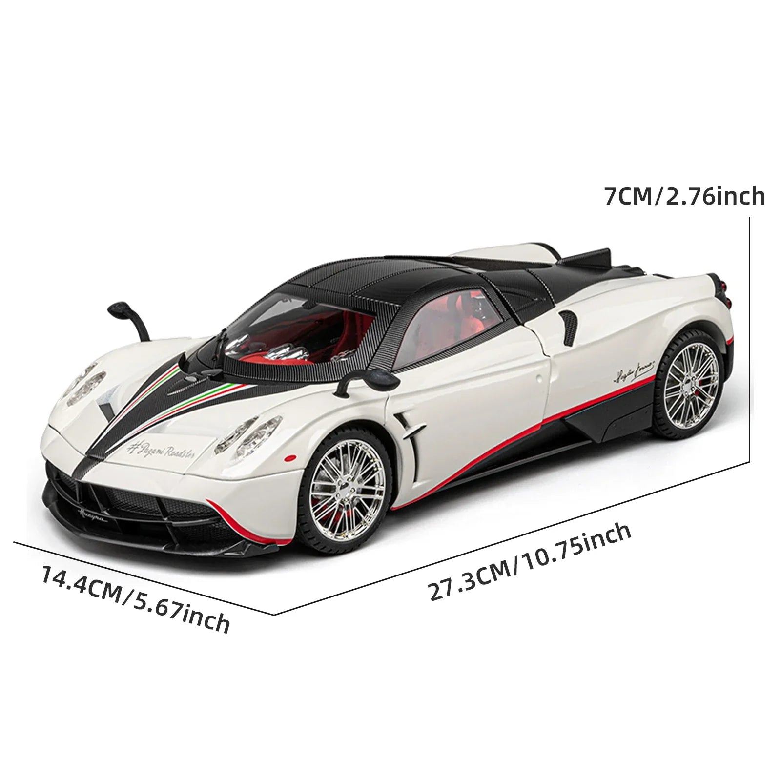 1:18 scale Pagani Huayra diecast model car about 27 cm long, an alloy hypercar for shelf and desk display, White