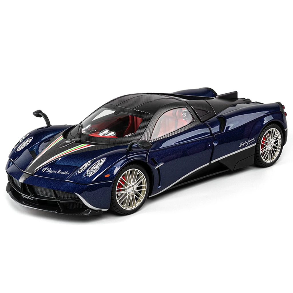 Blue 1:18 Pagani Huayra diecast model car in alloy with the Italian tricolore stripe, a hypercar gift for car fans