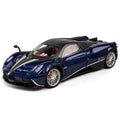 Blue 1:18 Pagani Huayra diecast model car in alloy with the Italian tricolore stripe, a hypercar gift for car fans