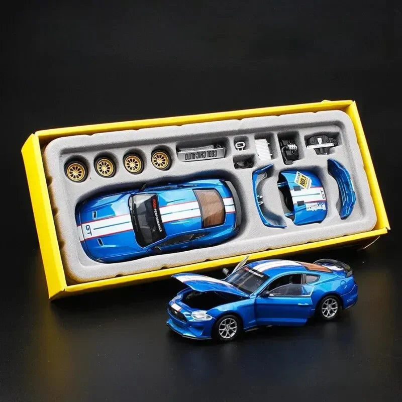 Blue 1:42 Ford Mustang GT alloy diecast model car with an assembly kit and racing stripes for collectors and gifts