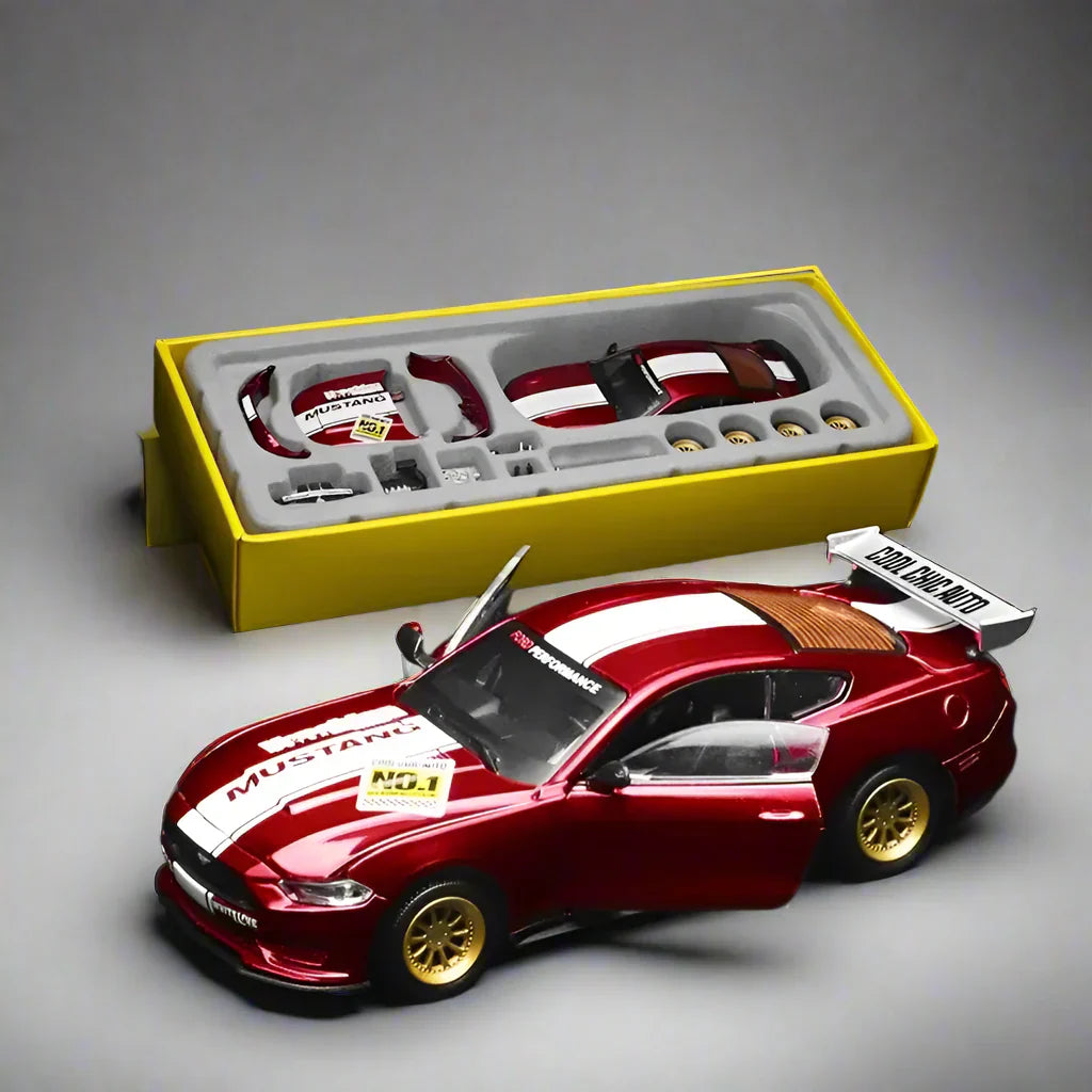Red 1:42 Ford Mustang GT diecast model car with alloy body and included assembly kit parts for muscle car collectors