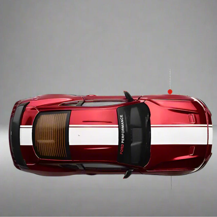 Red Ford Mustang GT diecast model at 1:42 scale with dual racing stripes and a sunroof for muscle car collectors