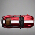Red Ford Mustang GT diecast model at 1:42 scale with dual racing stripes and a sunroof for muscle car collectors