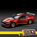 Red 1:42 Ford Mustang GT alloy model kit with spare body parts and gold rims, a buildable diecast for enthusiasts