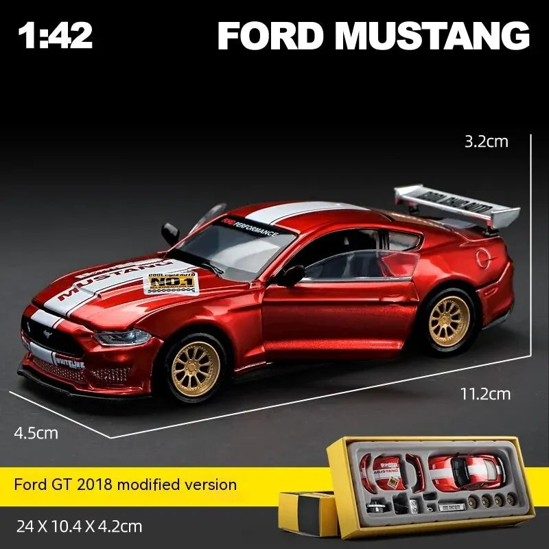 Red Ford Mustang GT 2018 alloy diecast model at 1:42 scale, an 11 cm muscle car for collectors and birthday gifts