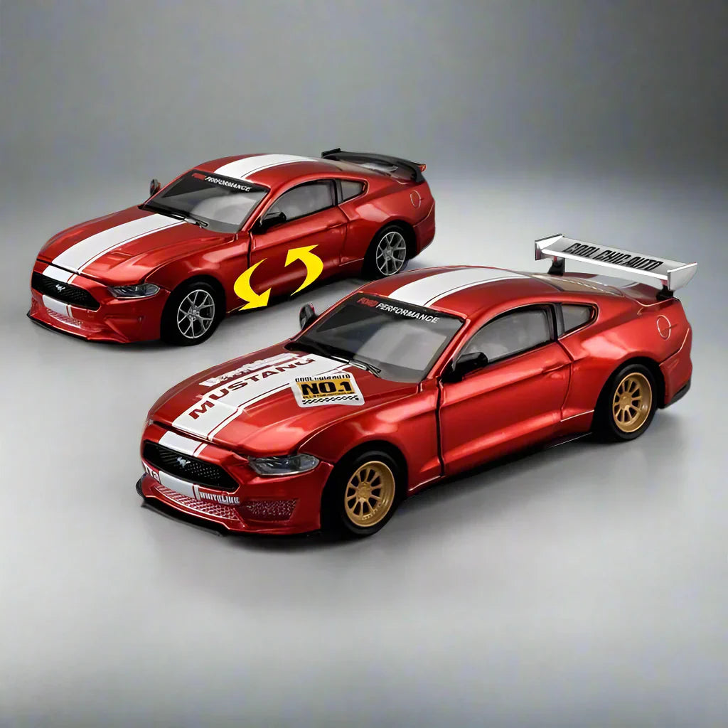 Red Ford Mustang GT alloy muscle car at 1:42 scale with opening doors and a rear spoiler for diecast collectors