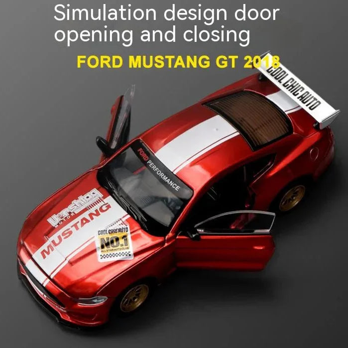 Red Ford Mustang GT 2018 diecast with working LED lights, engine sound and opening doors, a desk display for car fans